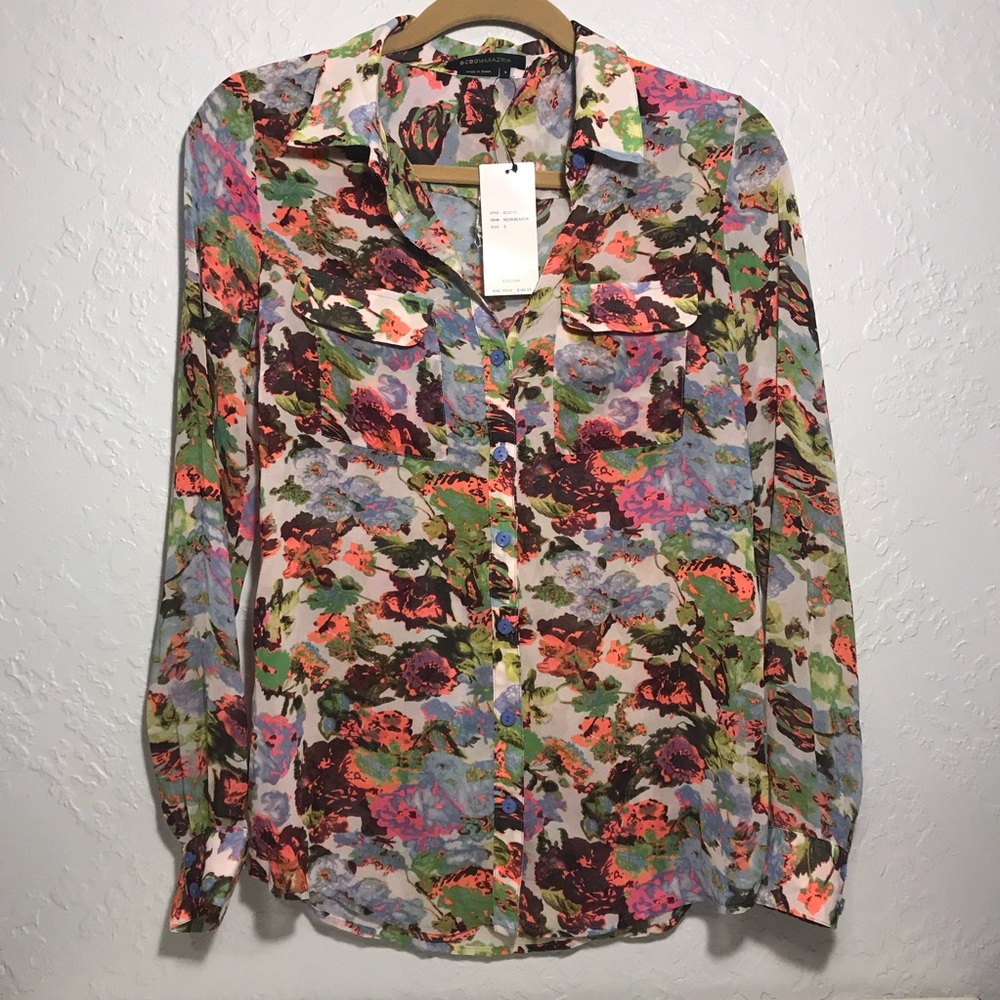 BCBGMAXAZRIA Button Up Long Sleeve Neon Meadow NWT